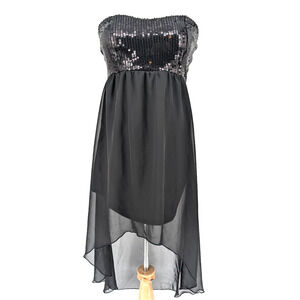 VTG Y2K Wet Seal Black Sequin‎ Sheer Asymmetrical Gothic Chiffon Strapless Dress
